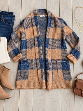 ✨Evolution Plaid Buffalo Check Fuzzy Open Front Long Cardigan Sweater S✨